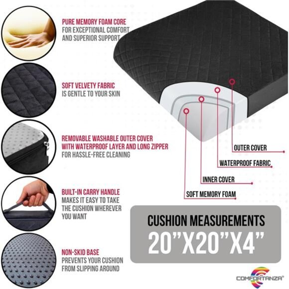 Memory Foam Chair Cushion Recliner Seat Pad Armchair Non Slip Waterproof Black - Picture 3 of 8